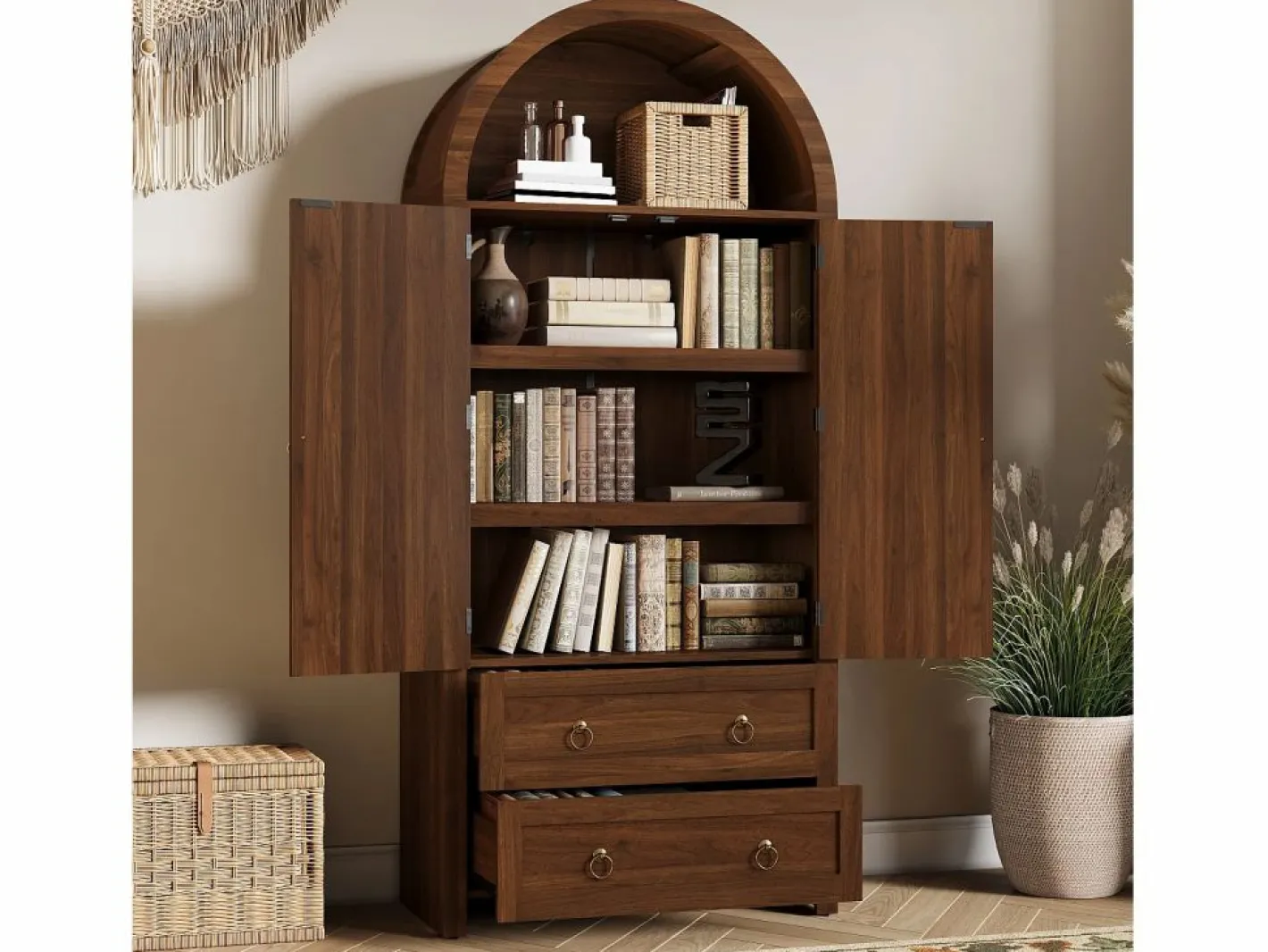 Merax Aparador|Aparador vintage de mimbre estilo abovedado - 80 x 40 x 180 cm - con 2 cajones + 2 puertas - para salón y dormitorio - MDF - marrón
