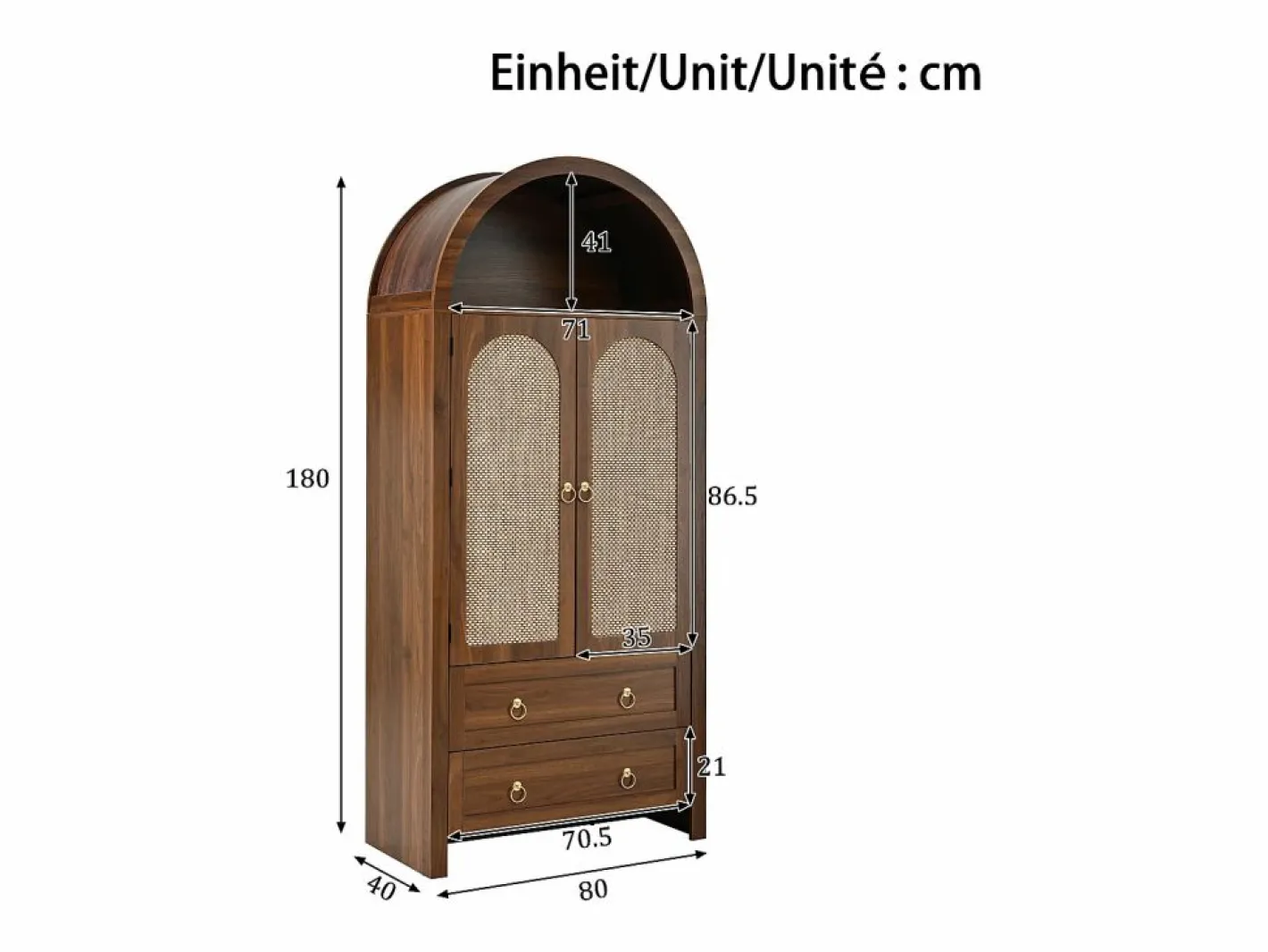 Merax Aparador|Aparador vintage de mimbre estilo abovedado - 80 x 40 x 180 cm - con 2 cajones + 2 puertas - para salón y dormitorio - MDF - marrón