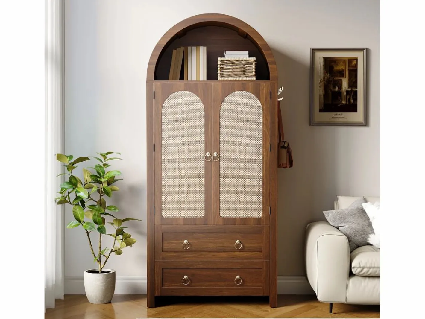 Merax Aparador|Aparador vintage de mimbre estilo abovedado - 80 x 40 x 180 cm - con 2 cajones + 2 puertas - para salón y dormitorio - MDF - marrón