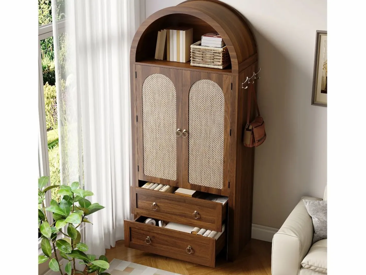 Merax Aparador|Aparador vintage de mimbre estilo abovedado - 80 x 40 x 180 cm - con 2 cajones + 2 puertas - para salón y dormitorio - MDF - marrón