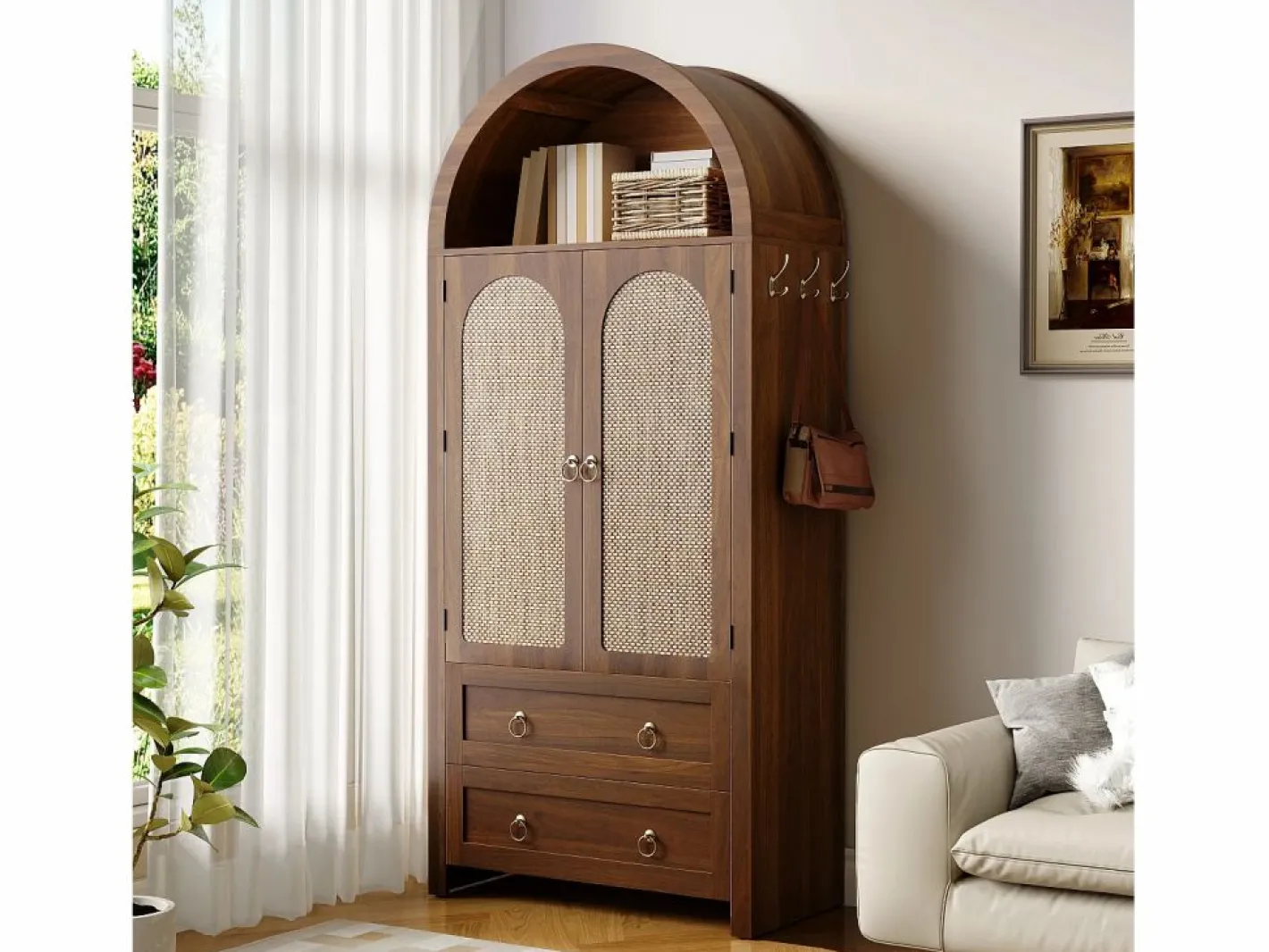 Merax Aparador|Aparador vintage de mimbre estilo abovedado - 80 x 40 x 180 cm - con 2 cajones + 2 puertas - para salón y dormitorio - MDF - marrón