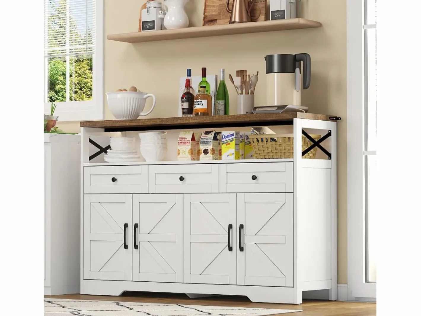 Hauss Spole Aparador 140x35x95cm con 3 cajones, 4 puertas y 1 nicho, tablero imitación madera marrón, cuerpo Blanco Online