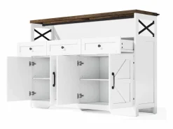 Hauss Spole Aparador 140x35x95cm con 3 cajones, 4 puertas y 1 nicho, tablero imitación madera marrón, cuerpo Blanco Online