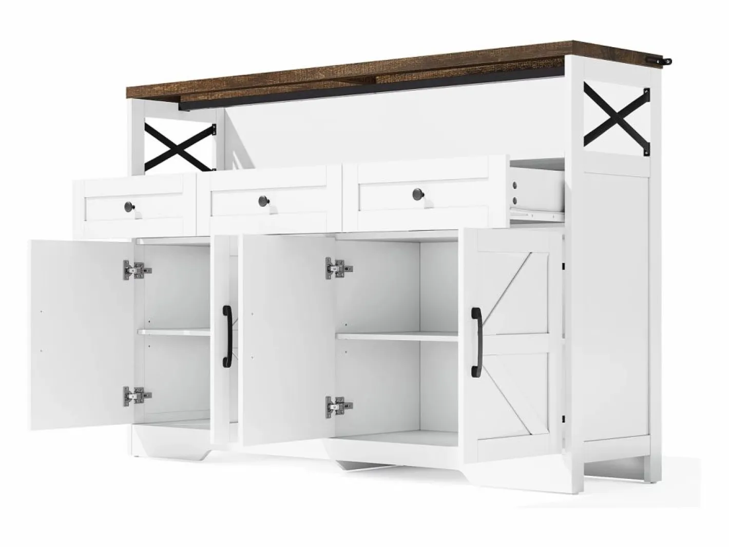 Hauss Spole Aparador 140x35x95cm con 3 cajones, 4 puertas y 1 nicho, tablero imitación madera marrón, cuerpo Blanco Online