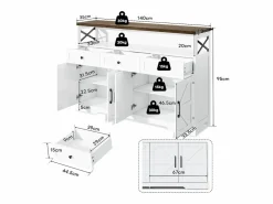 Hauss Spole Aparador 140x35x95cm con 3 cajones, 4 puertas y 1 nicho, tablero imitación madera marrón, cuerpo Blanco Online