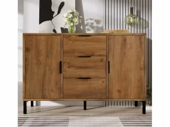 Hauss Spole Aparador 120x40x76cm con 3 cajones y 2 puertas, en madera natural oscura, patas de metal negro. Color natural oscuro Discount