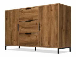 Hauss Spole Aparador 120x40x76cm con 3 cajones y 2 puertas, en madera natural oscura, patas de metal negro. Color natural oscuro Discount