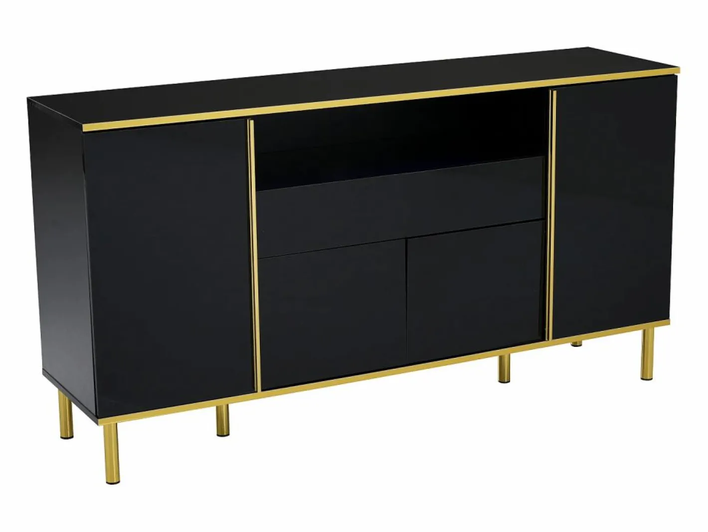 Hauss Spole Aparador De Cocina|Aparador 150x40x80cm con 4 puertas, 1 cajón y 1 nicho con LED, cuerpo lacado en , cantos y patas dorados
