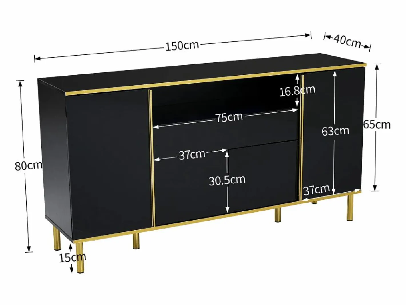 Hauss Spole Aparador De Cocina|Aparador 150x40x80cm con 4 puertas, 1 cajón y 1 nicho con LED, cuerpo lacado en , cantos y patas dorados