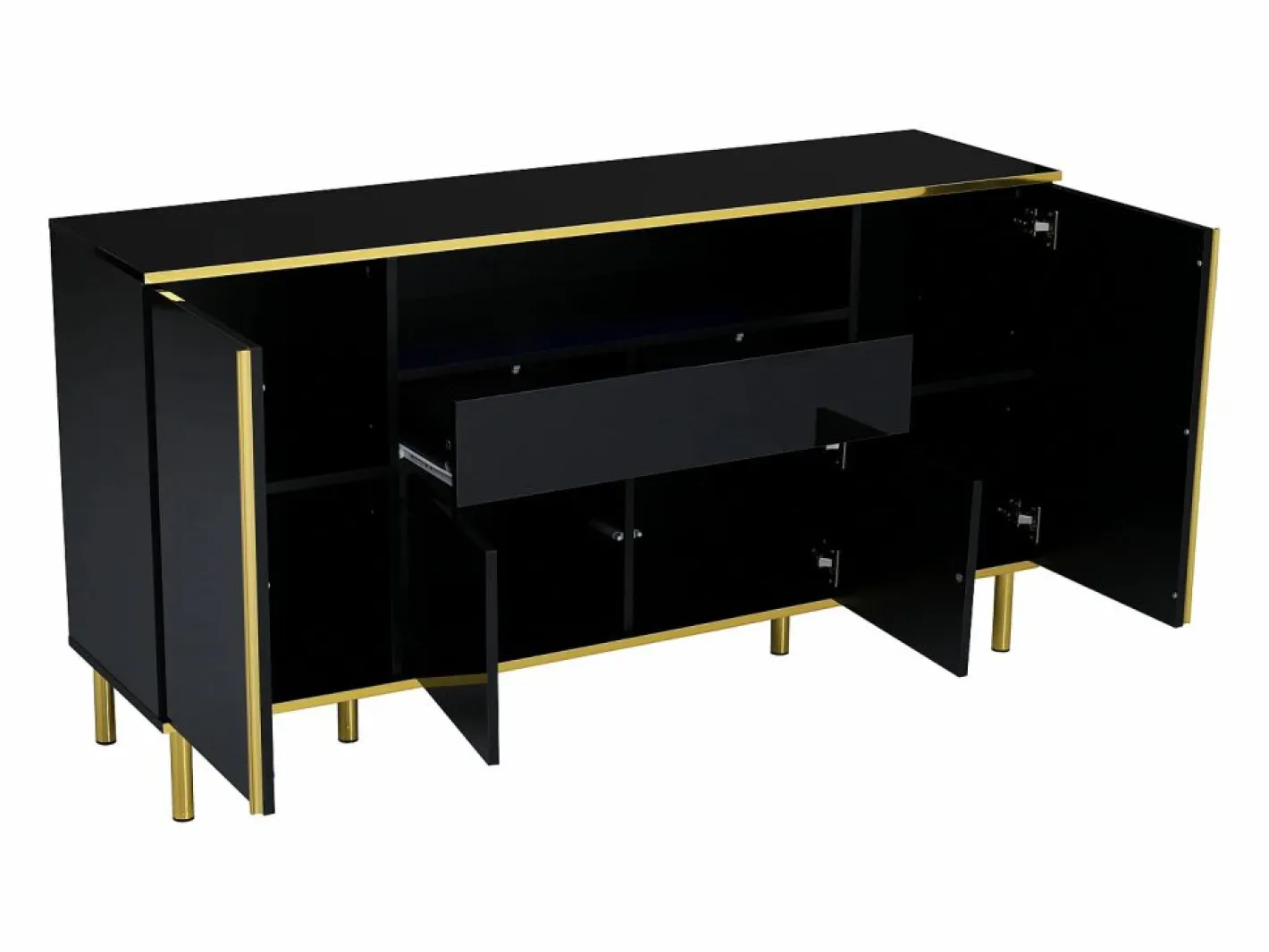 Hauss Spole Aparador De Cocina|Aparador 150x40x80cm con 4 puertas, 1 cajón y 1 nicho con LED, cuerpo lacado en , cantos y patas dorados
