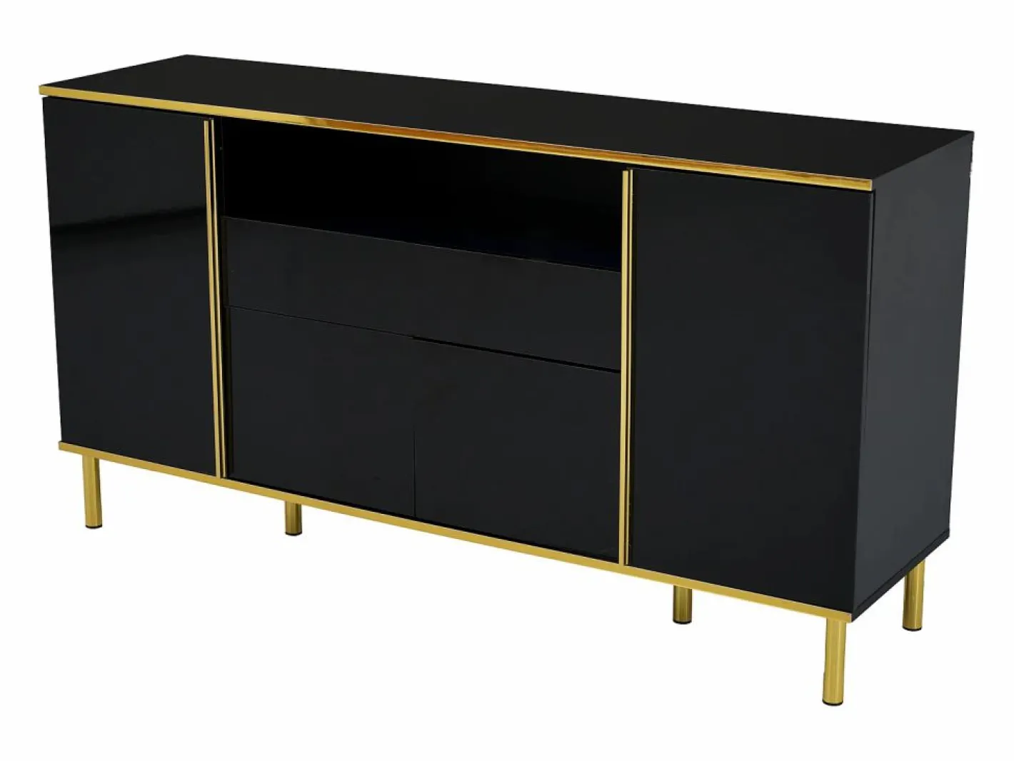 Hauss Spole Aparador De Cocina|Aparador 150x40x80cm con 4 puertas, 1 cajón y 1 nicho con LED, cuerpo lacado en , cantos y patas dorados
