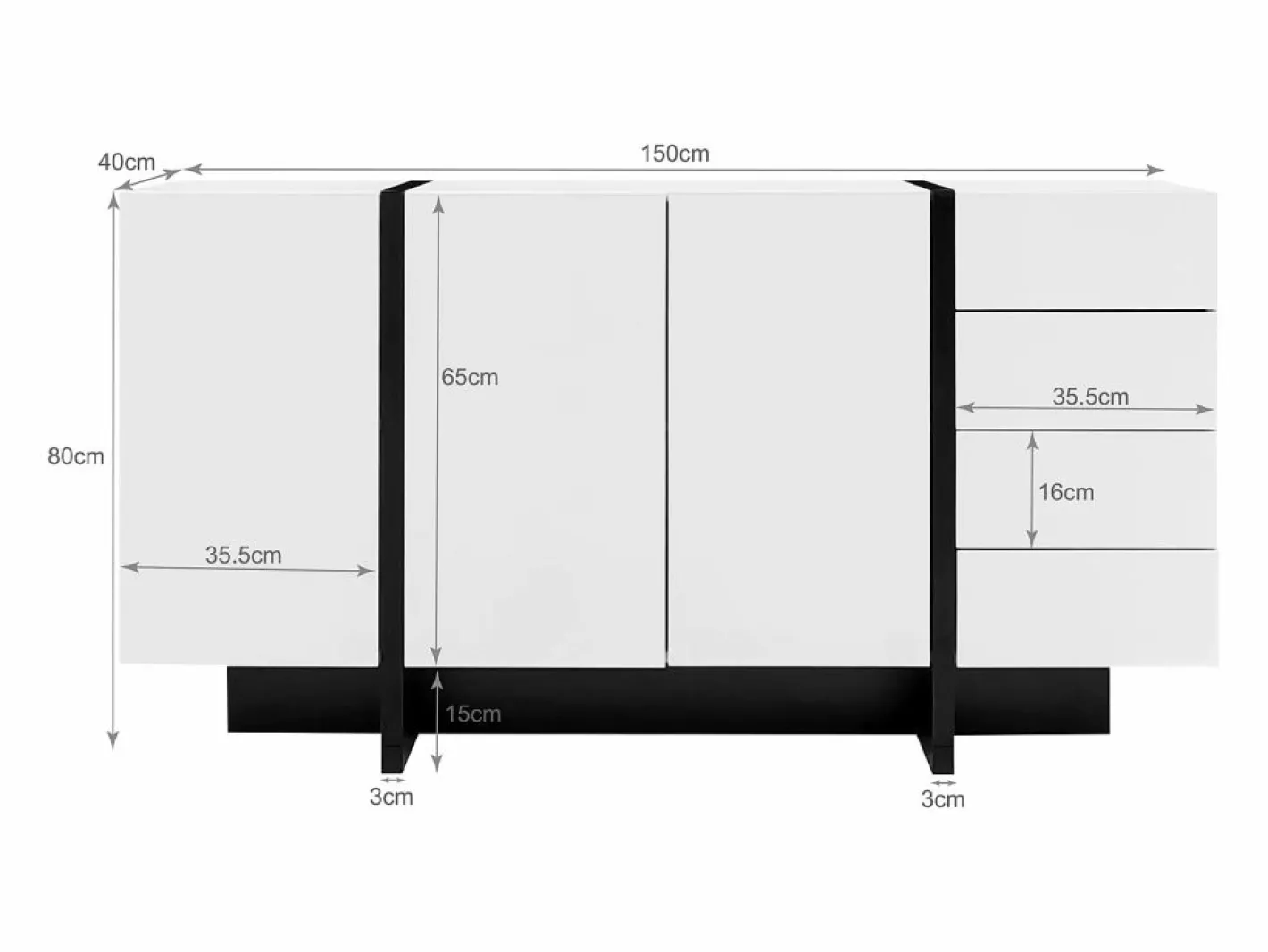 Hauss Spole Aparador De Cocina|Aparador 150x40x80cm con 3 puertas y 4 cajones, cuerpo en lacado brillo y negro.