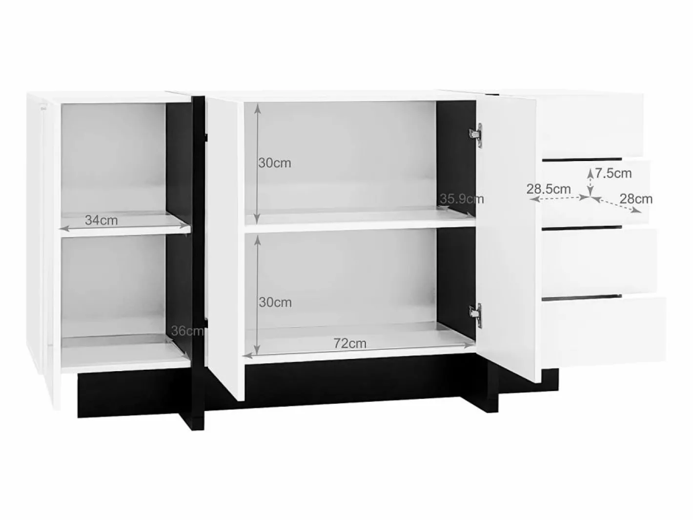 Hauss Spole Aparador De Cocina|Aparador 150x40x80cm con 3 puertas y 4 cajones, cuerpo en lacado brillo y negro.