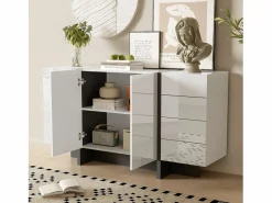 Hauss Spole Aparador De Cocina|Aparador 150x40x80cm con 3 puertas y 4 cajones, cuerpo en lacado brillo y negro.
