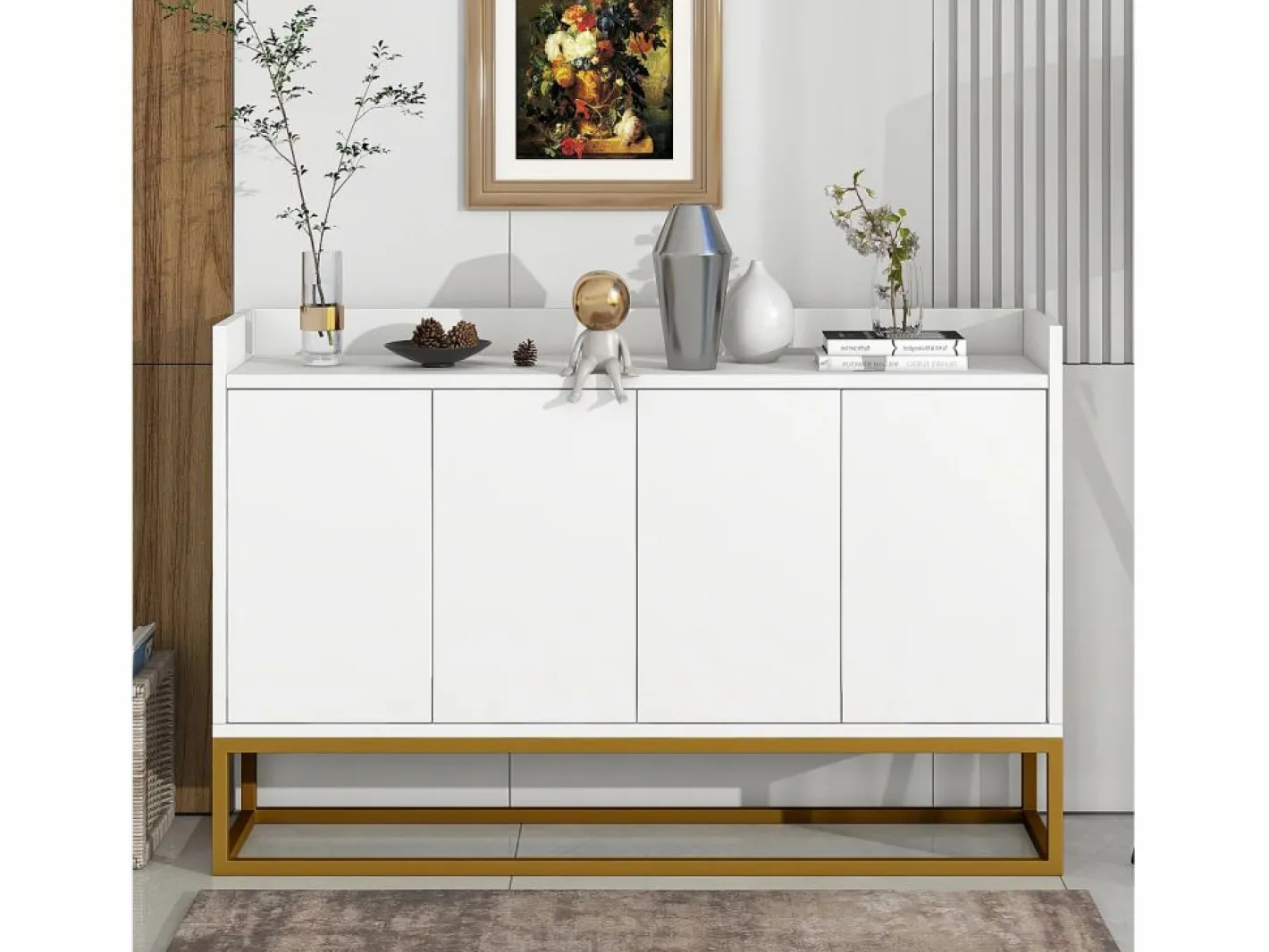 Hauss Spole Aparador De Cocina|Aparador 120x30x80cm con 4 puertas sin tiradores, patas de metal dorado, cuerpo