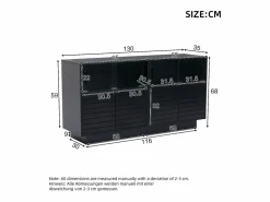 Aparador 130x35x68cm con 4 puertas correderas de cristal y 4 puertas batientes negras, LED incluido^Hauss Spole Best