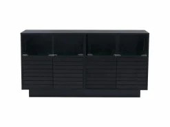 Aparador 130x35x68cm con 4 puertas correderas de cristal y 4 puertas batientes negras, LED incluido^Hauss Spole Best