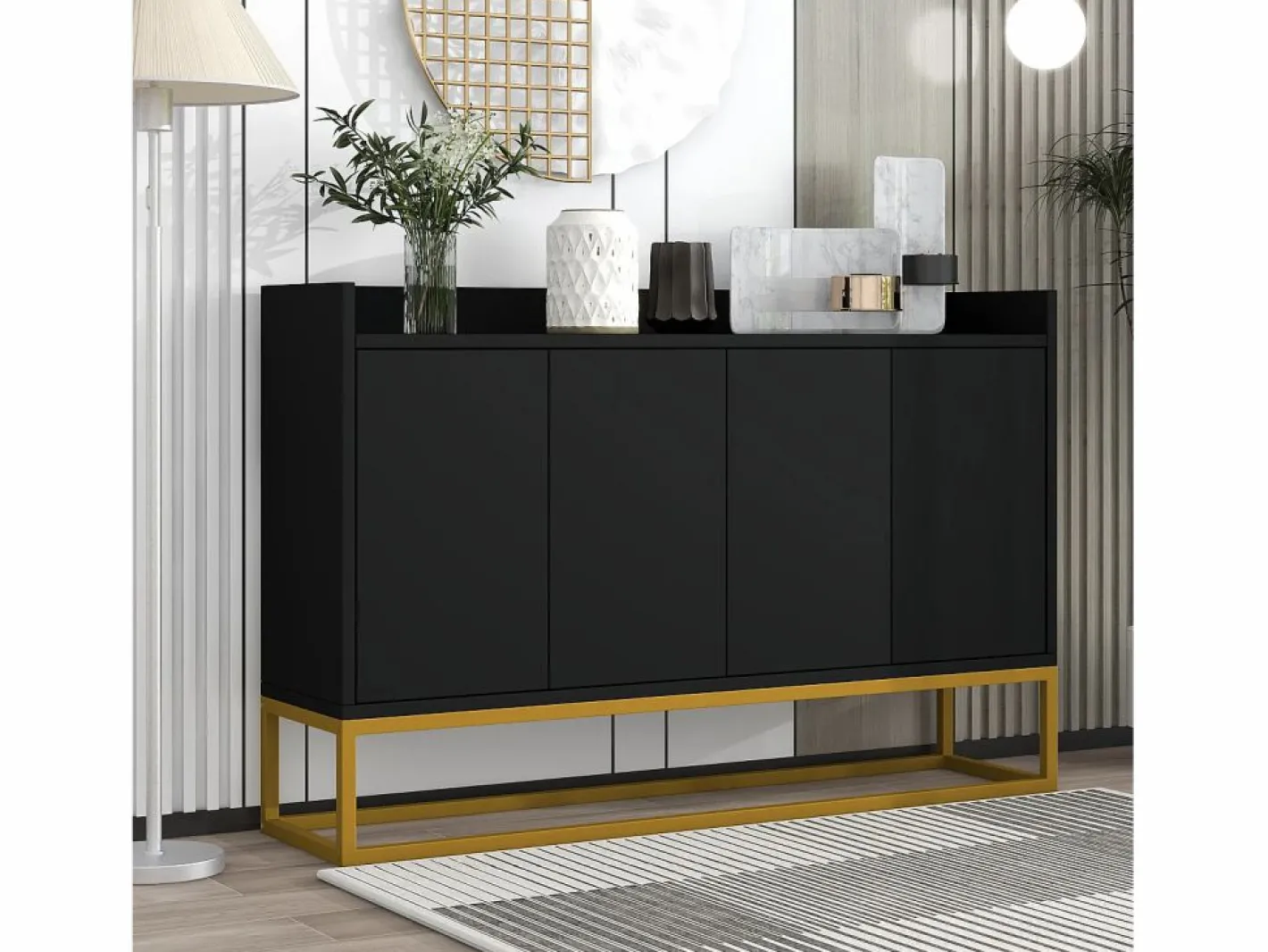 Hauss Spole Aparador De Cocina|Aparador 120x30x80cm con 4 puertas sin tiradores, patas de metal dorado, cuerpo
