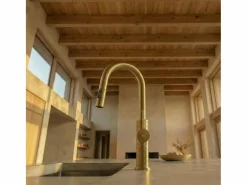 Essebagno Grifo De Cocina|Architek mezclador de fregadero con rociador extraíble oro cepillado