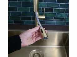 Essebagno Grifo De Cocina|Architek mezclador de fregadero con rociador extraíble oro cepillado