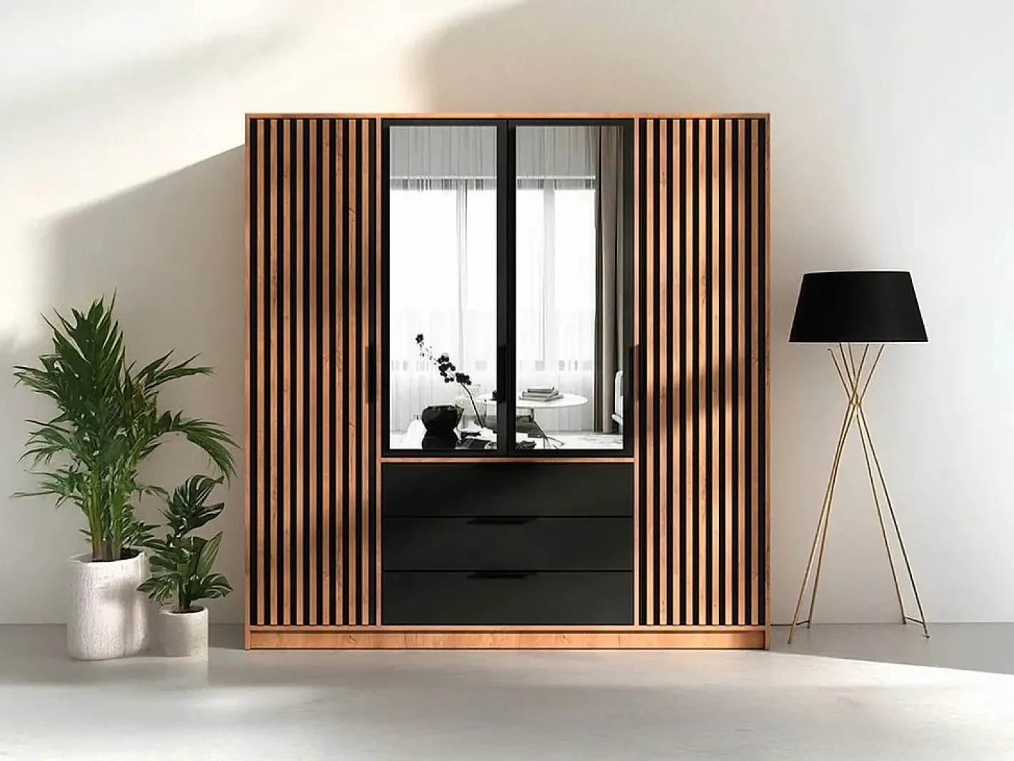 Vente-unique Armario|Armario 4 puertas 3 cajones con espejo L196 cm en color natural y negro - LIRMADA