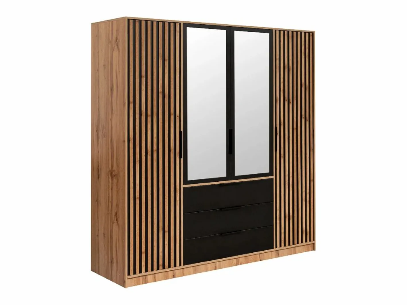 Vente-unique Armario|Armario 4 puertas 3 cajones con espejo L196 cm en color natural y negro - LIRMADA