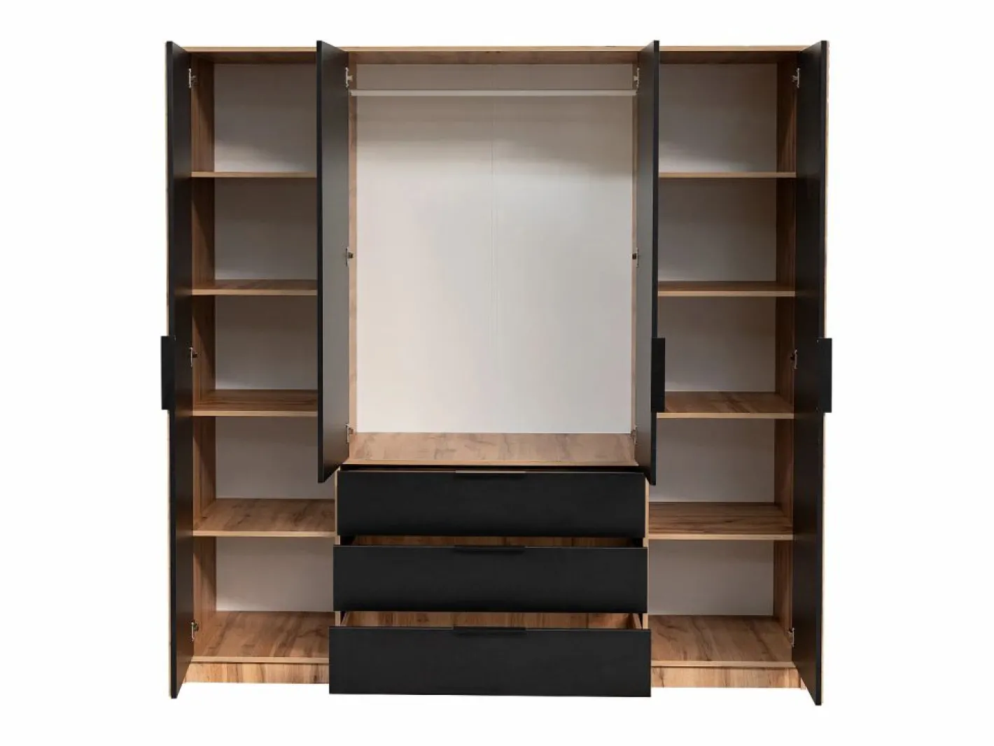 Vente-unique Armario|Armario 4 puertas 3 cajones con espejo L196 cm en color natural y negro - LIRMADA