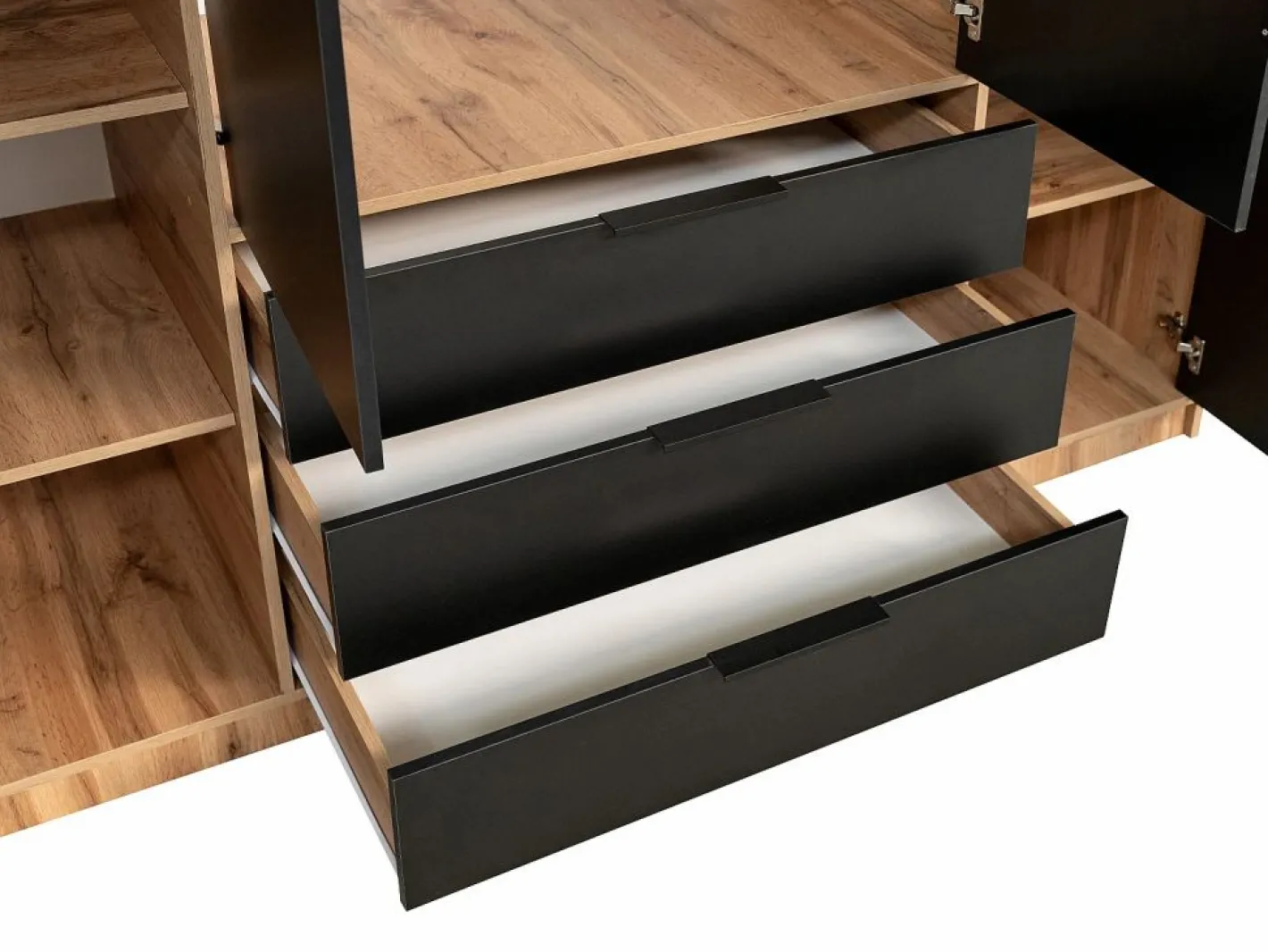 Vente-unique Armario|Armario 4 puertas 3 cajones con espejo L196 cm en color natural y negro - LIRMADA