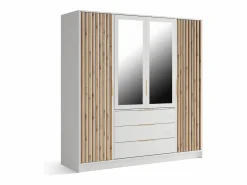 Vente-unique Armario|Armario 4 puertas 3 cajones con espejo An196 cm en color natural y blanco - LIRMADA
