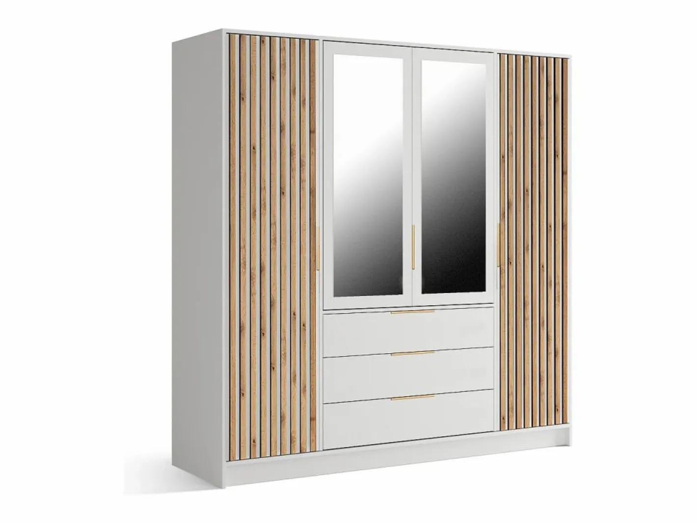 Vente-unique Armario|Armario 4 puertas 3 cajones con espejo An196 cm en color natural y blanco - LIRMADA
