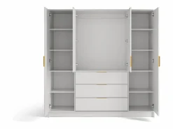 Vente-unique Armario|Armario 4 puertas 3 cajones con espejo An196 cm en color natural y blanco - LIRMADA