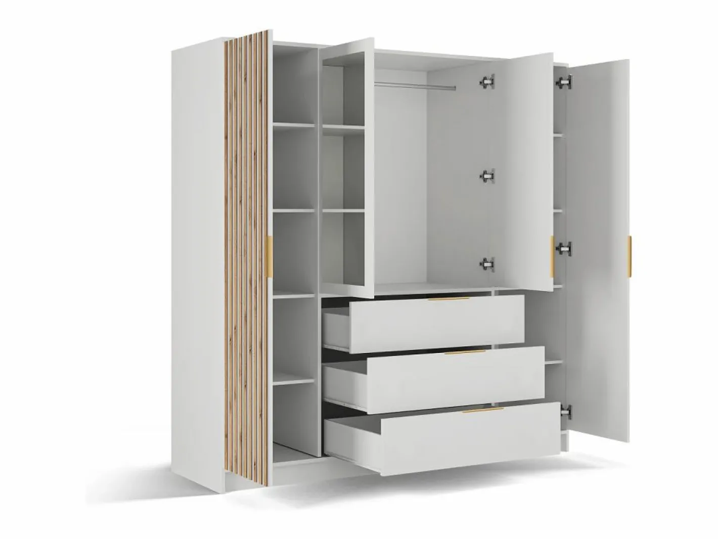 Vente-unique Armario|Armario 4 puertas 3 cajones con espejo An196 cm en color natural y blanco - LIRMADA