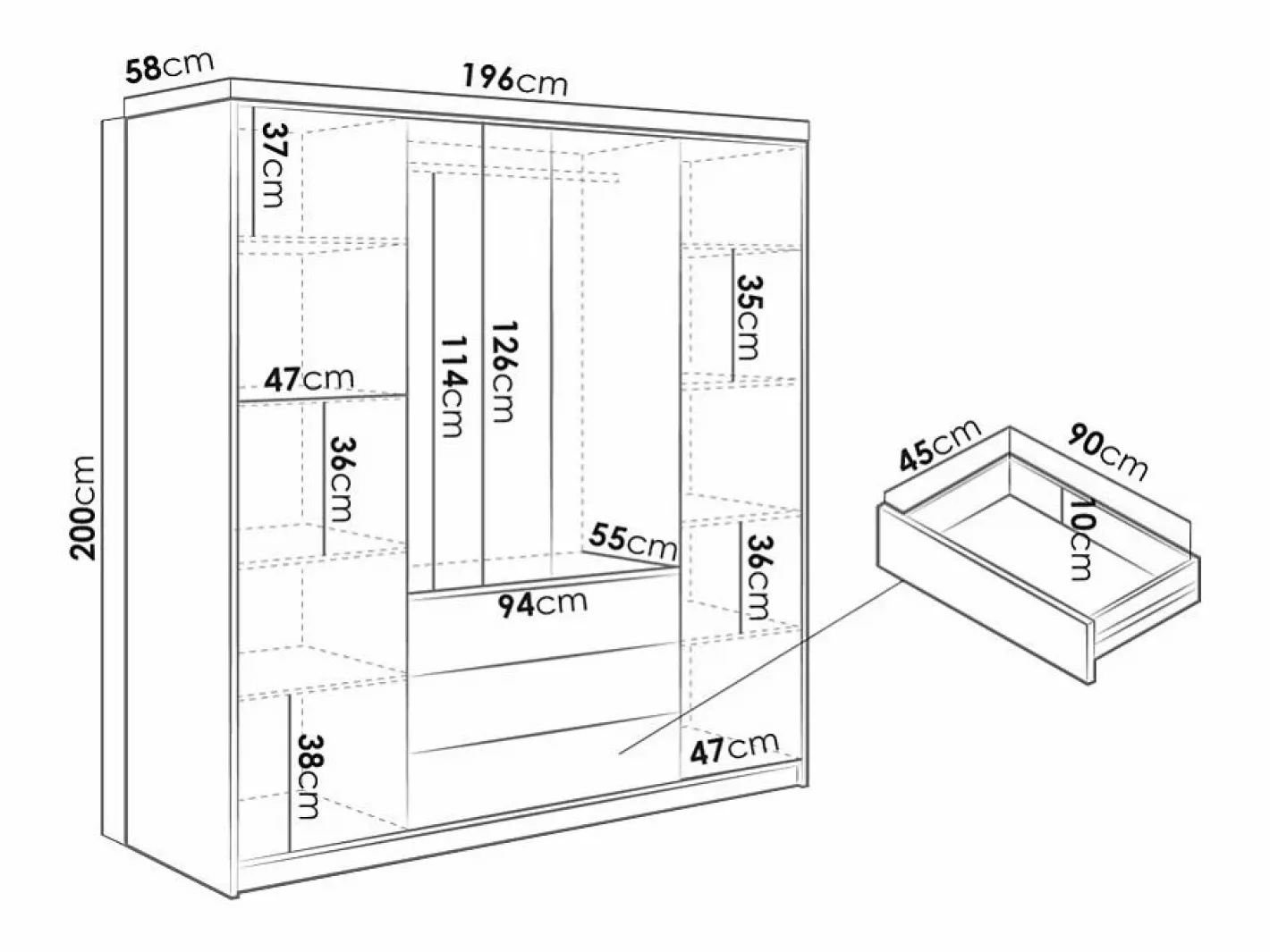 Vente-unique Armario|Armario 4 puertas 3 cajones con espejo An196 cm en color natural y blanco - LIRMADA