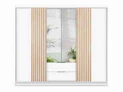 Armario 4 puertas 2 cajones con espejo L250 cm color blanco y natural - SIDOVIA^Vente-unique