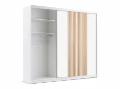 Armario 4 puertas 2 cajones con espejo L250 cm color blanco y natural - SIDOVIA^Vente-unique