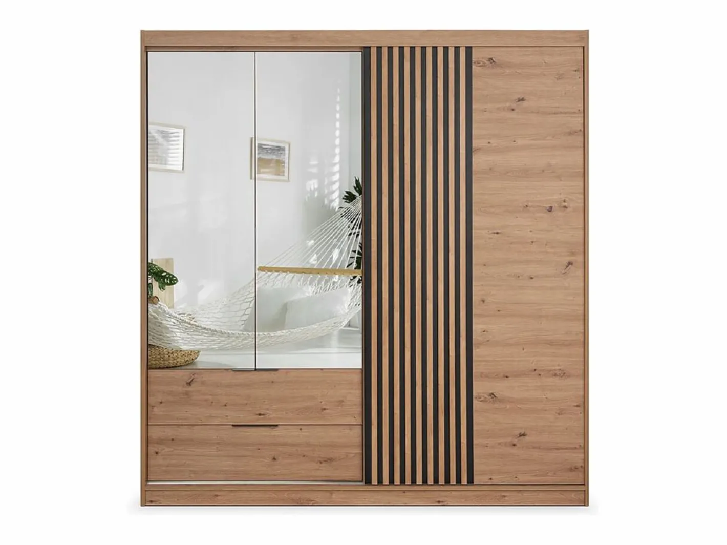 Vente-unique Armario|Armario 4 puertas 2 cajones - Con espejo - L203 cm - Color: Natural y negro - SIDOVIA