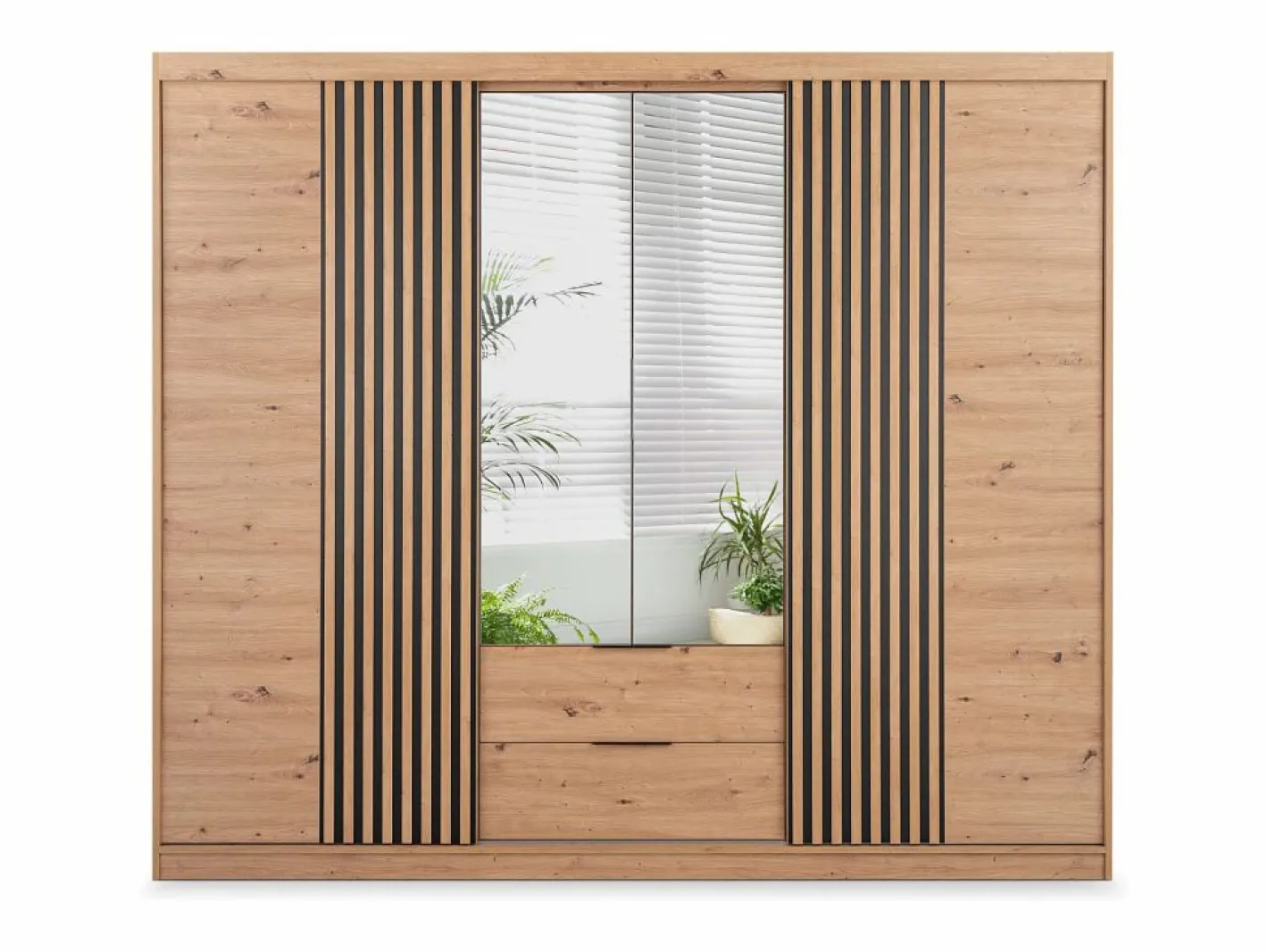 Vente-unique Armario 4 puertas 2 cajones con espejo L250 cm color natural - SIDOVIA Color natural claro Discount