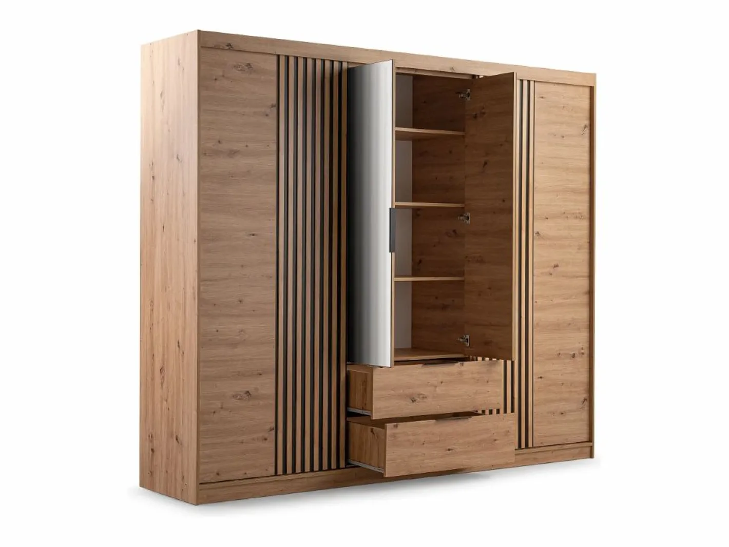 Vente-unique Armario 4 puertas 2 cajones con espejo L250 cm color natural - SIDOVIA Color natural claro Discount