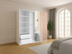 Vente-unique Armario|armario 2 puertas con espejo L250 cm en blanco y natural claro - ADOSILA