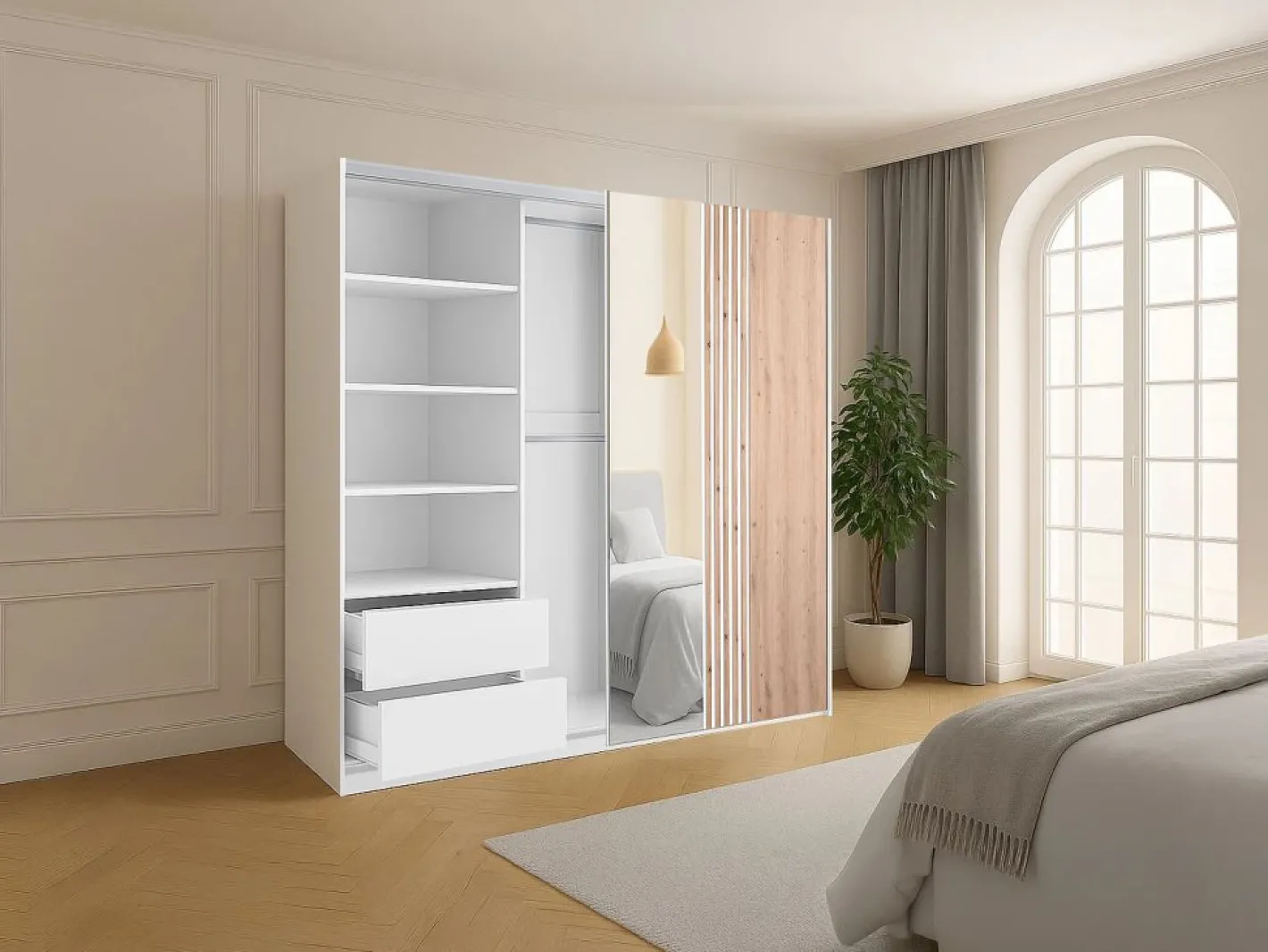 Vente-unique Armario|armario 2 puertas con espejo L250 cm en blanco y natural claro - ADOSILA