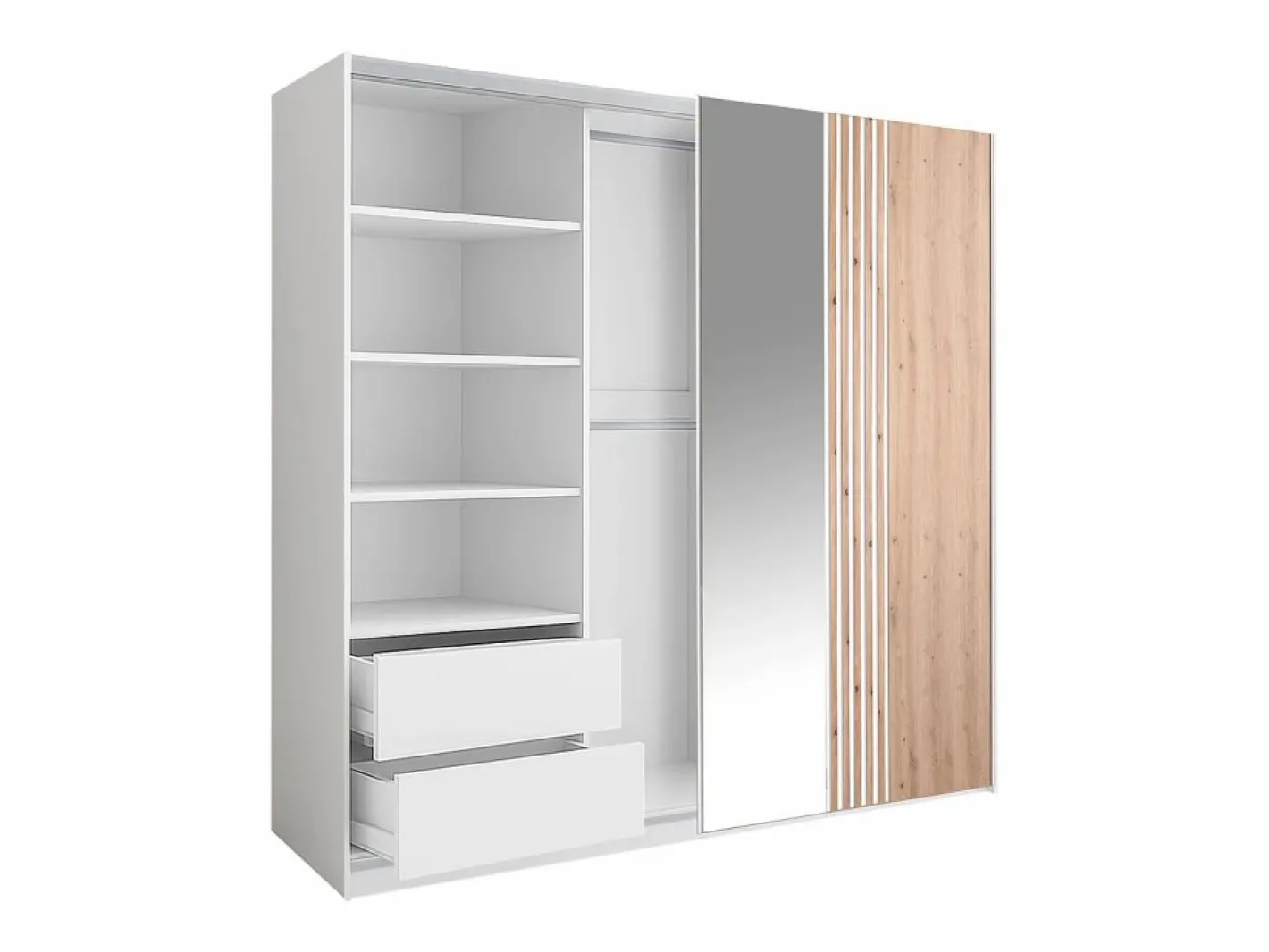 Vente-unique Armario|armario 2 puertas con espejo L250 cm en blanco y natural claro - ADOSILA