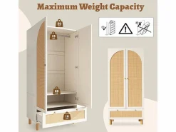 DripeX Armario|Armario 2 Puertas Rattan y 1 Cajón - con Barra Colgar - Estantes Ajustables - Antivuelco 85.5x52x180.5cm