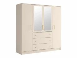 Vente-unique Armario|Armario 4 puertas y 3 cajones con espejos L196 cm en color beige y dorado - LIZANDRO