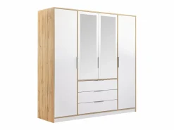 Vente-unique Armario|Armario 4 puertas y 3 cajones con espejos L196 cm color natural y blanco - LAMIKI