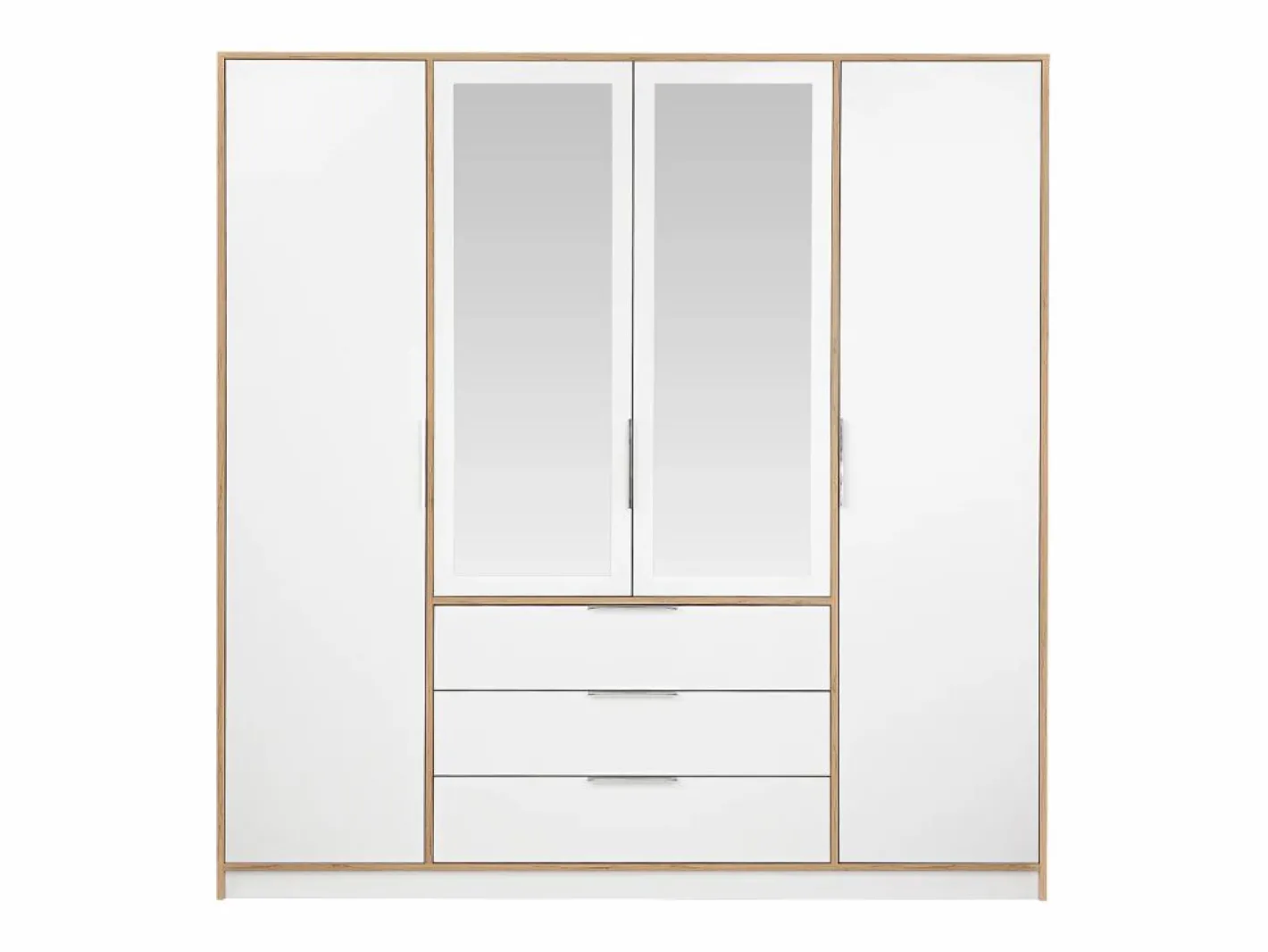 Vente-unique Armario|Armario 4 puertas y 3 cajones con espejos L196 cm color natural y blanco - LAMIKI