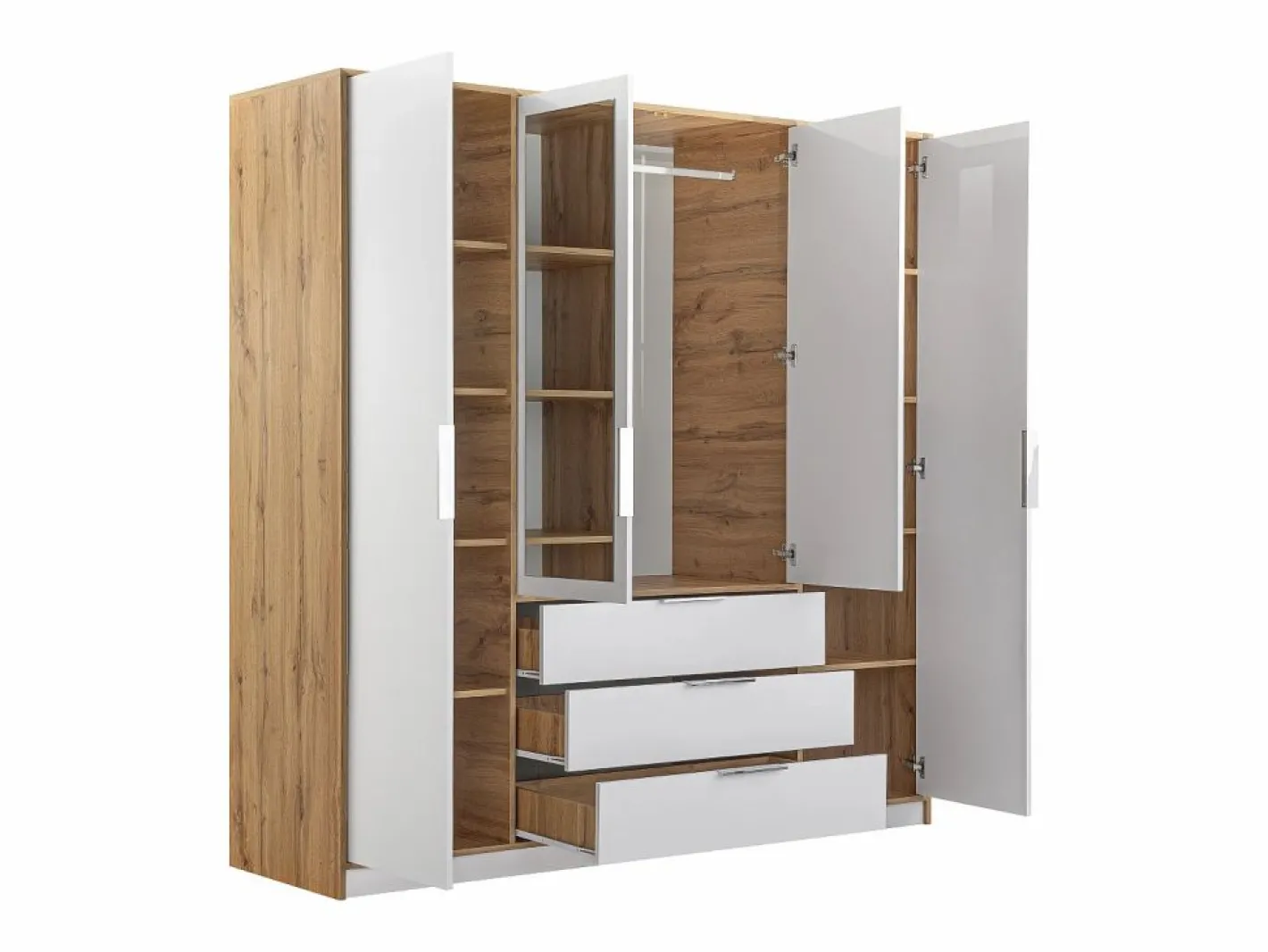 Vente-unique Armario|Armario 4 puertas y 3 cajones con espejos L196 cm color natural y blanco - LAMIKI