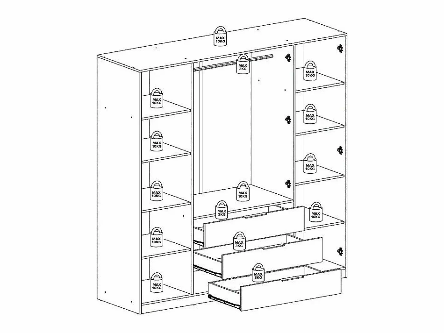 Vente-unique Armario|Armario 4 puertas y 3 cajones con espejos L196 cm color natural y blanco - LAMIKI