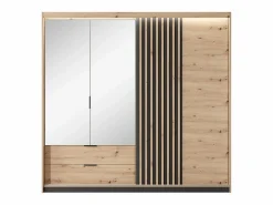 Armario 3 puertas y 2 cajones con espejos y LEDs 220 cm de ancho natural y negro - ARIADA^Vente-unique Discount