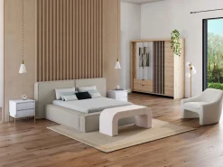 Armario 3 puertas y 2 cajones con espejos y LEDs 220 cm de ancho natural y negro - ARIADA^Vente-unique Discount