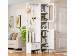 Hauss Spole Armario De Entrada|Armario con 2 puertas, cajón, colgadores y banqueta, puerta de cristal 85x33,5x200cm